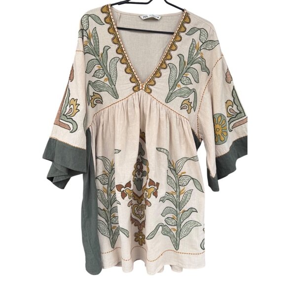 Zara Floral Embroidered Boho Tunic Dress With Bell Sleeves V-Neckline Medium - Picture 2 of 11